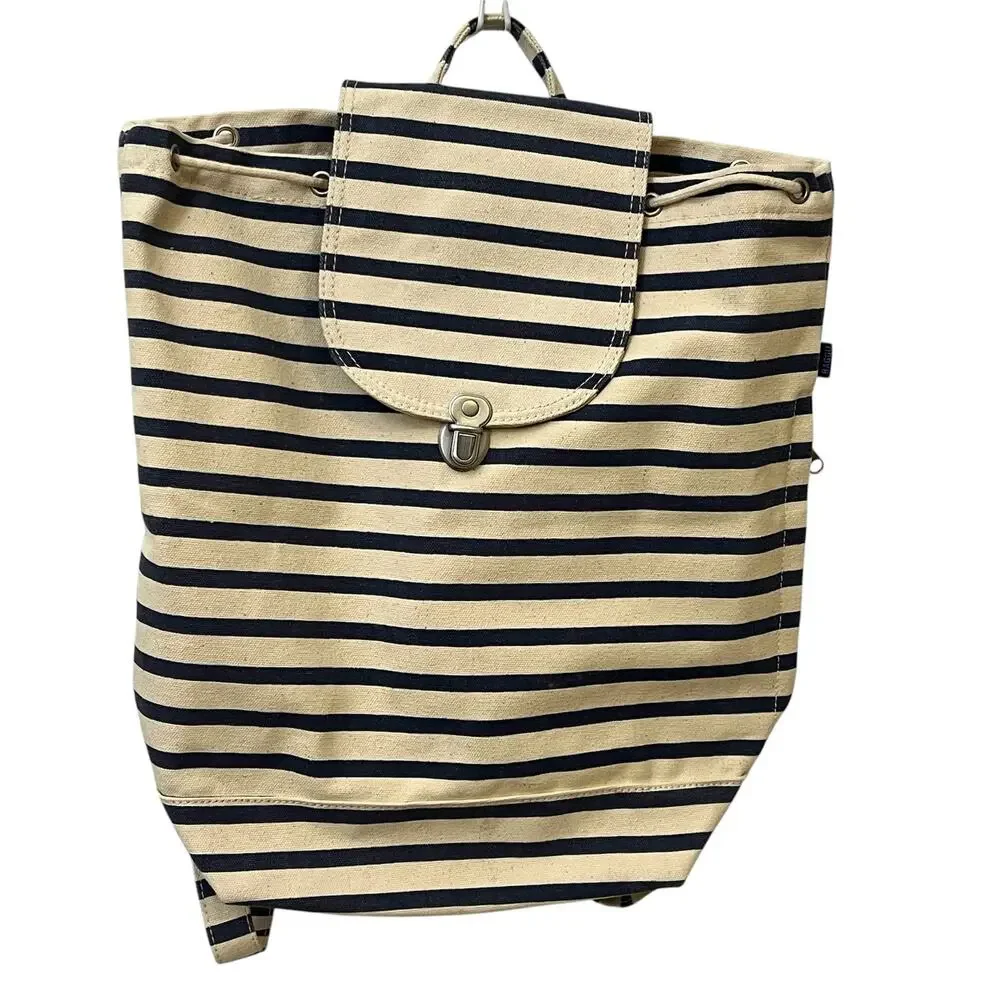 BAGGU Sailor Stripe Canvas Drawstring Backpack Black Cream Discontinued Large